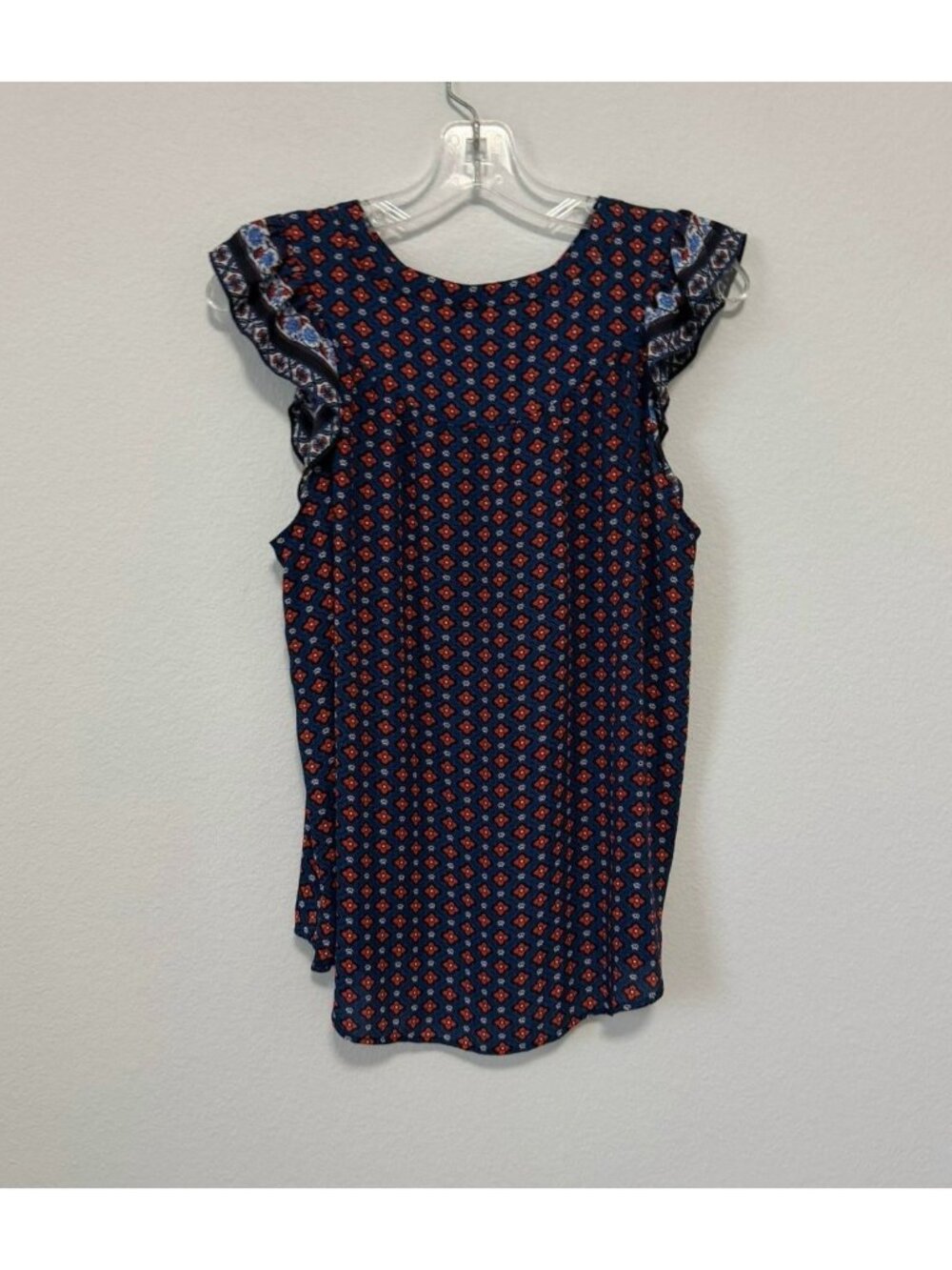 LOFT Ruffled Short Sleeve Henley Multicolor Geo Career Blouse Women's Size M - Picture 2 of 7